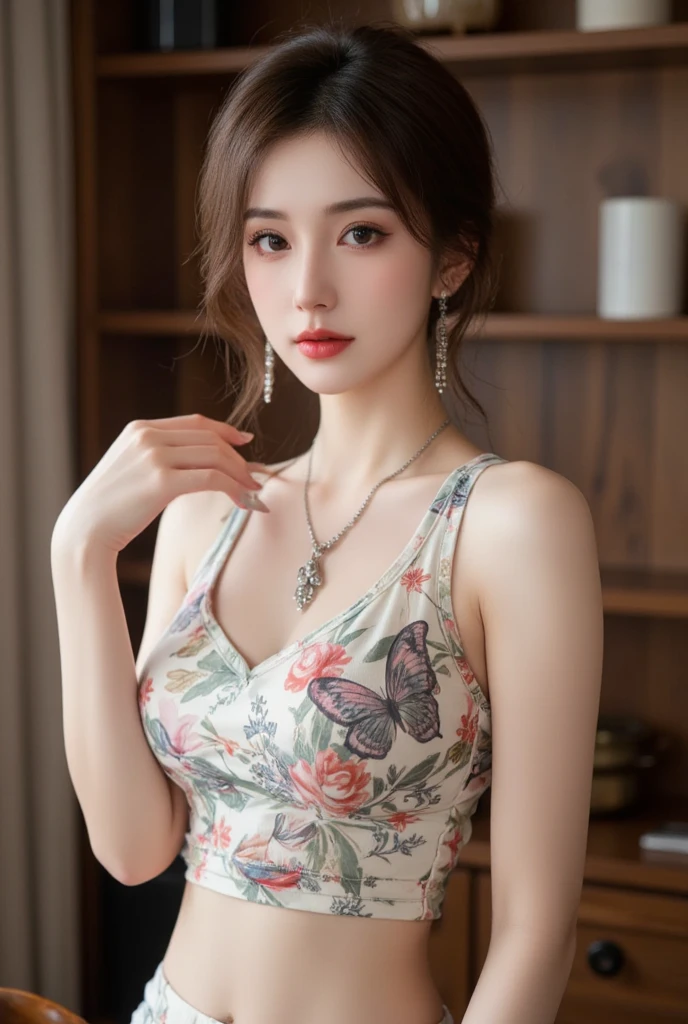 One girl, Mature Woman, photograph, Realistic, Highest quality, Detailed face, Detailed Background, Diffused sunlight, Depth of written boundary, Bokeh, China dress, sexy, Tribal pattern