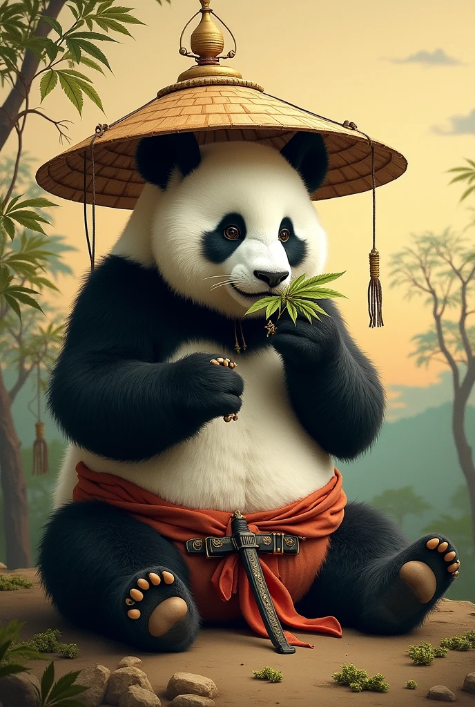 "A hyper-realistic image of a panda sitting comfortably with a lit cigarette between its paws, exhaling a thick cloud of smoke. The panda's eyes are half-closed in bliss, and it has a serene, content expression. The background is a dimly lit bamboo forest with soft, ambient light filtering through the leaves, the air thick with smoke."