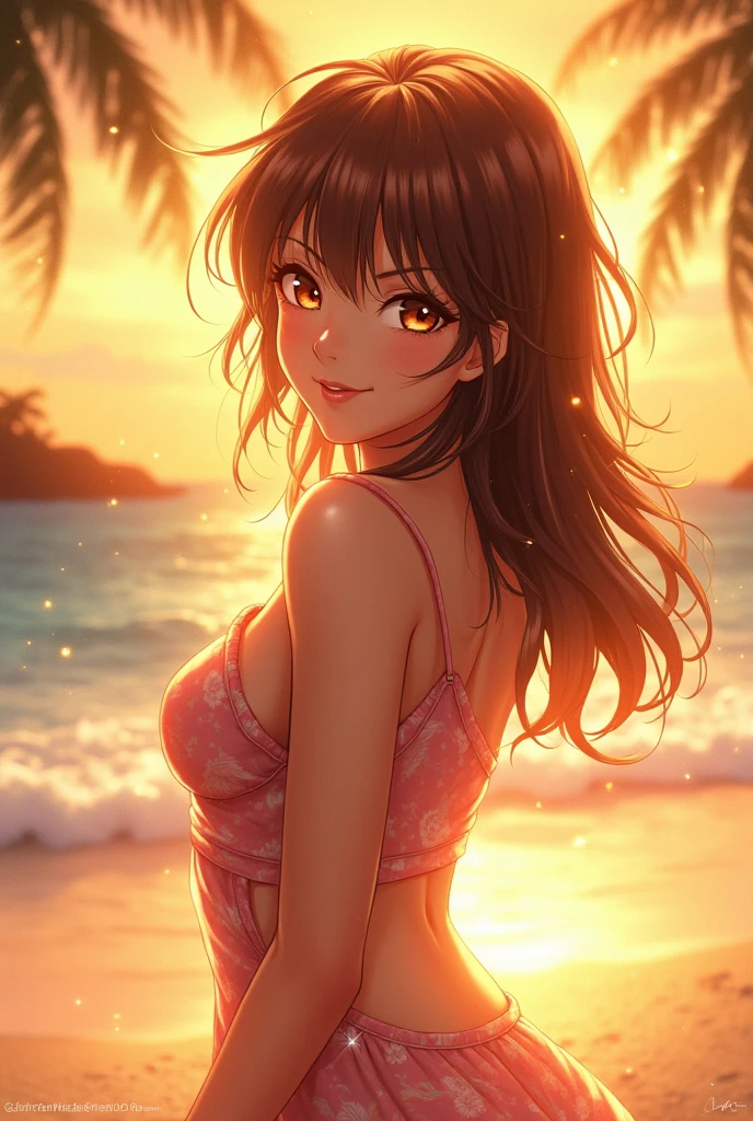 adorable, seaside, indonesian school girl, (portrait, close-up:1.1),scrunchie, ( cheek,glossy lips:1), (sexy swimwear, suggestive ), looking at viewer, ,sweaty, (baby face, cute), ( grin:0.7), (pale skin:1.2), , sunset, catch_light,