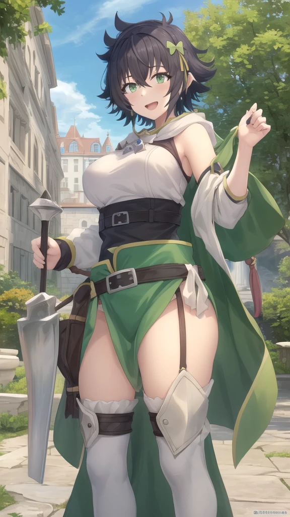 ((Best Quality)), ((masterpiece)), ( Very detailed), 1 girl,with tight dress, white with green, black stockings, mini skirt,white panties, with a sword, A shield, in a medieval landscape, looking at the viewer,((Whole body)),((view from below))