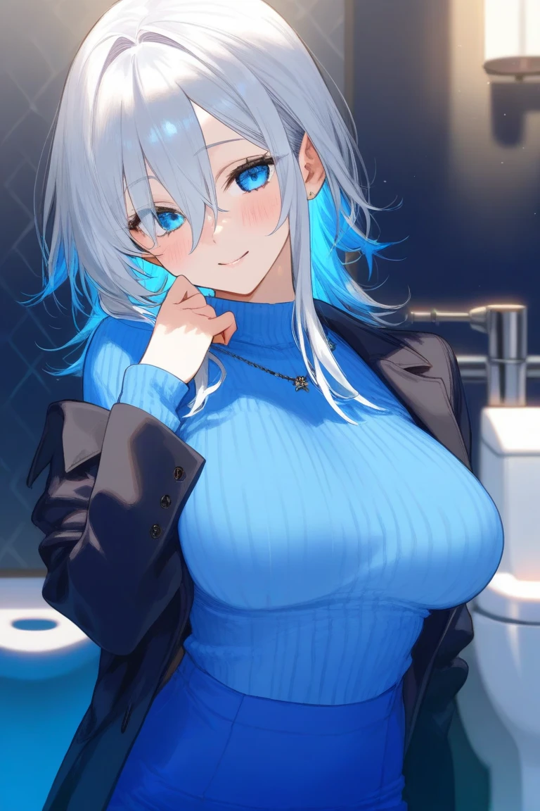 (((masterpiece))), ShizukaMikazuki, One Girl, alone, View your audience, Long Hair, Gray Hair, Long sleeve, Cleavage, (Huge breasts),clavicle, Mature Body,Big Ass,Glamorous Body,Trained abdominal muscles,Make your face a little smaller,Make your breasts bigger,tall,Blushing,Blouson, Open clothes, open Blouson, blue Blouson,nude,Exposed nipples,Exposed Pussy,Pie Ponytail,Play sports often, Choker with charm,Earrings,Detailed expression of fingers,Laughing embarrassedly,blue eyes,,Bed with night view,look at the camera,Sweat all over,Bring your face closer to the camera,Close one eye with a relaxed expression of contentment, Take the photo at an angle,Lean against the wall with one leg bent and your hip tilted