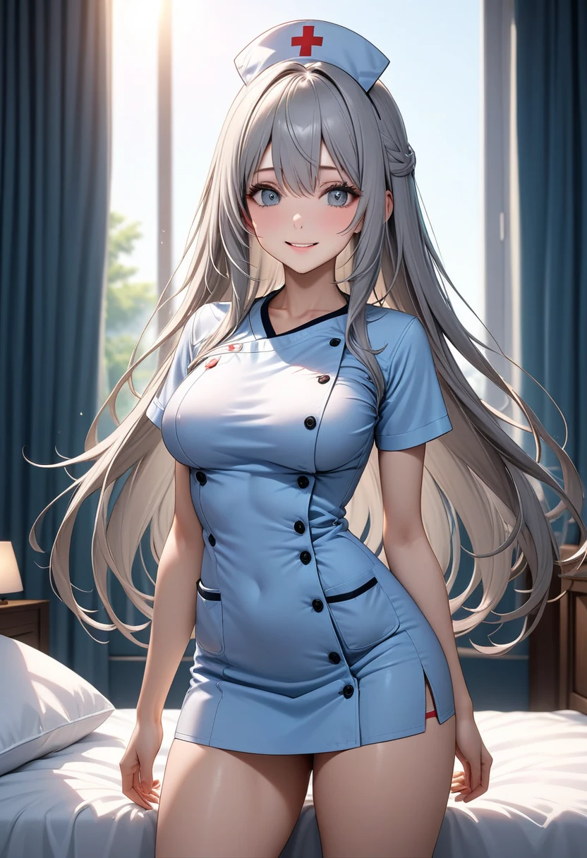 1girl, (solo:1.2), (cowboy shot:1.2), (Beautiful and detailed eyes description), (Beautiful and detailed face), Perfect female body, neat figure, slender waist, (young girl), (20 years old), long hair, platinum blonde hair, very big eyes, blue eyes, medium breasts, blush, shy, watery lips, nurse, (transparent nurse dress), nurse cap, unbuttoned, (white gloves:1.2), (white pantyhose), high heels, necklace, earrings, indoors, school nurse, hospital bed, window, white curtains, sunlight, squatting, (best quality), (ultra detailed), (masterpiece), (highres), (original), (extremely detailed CG unity 8K wallpaper), character design, game cg, detailed manga illustration,(NSFW 1.1)