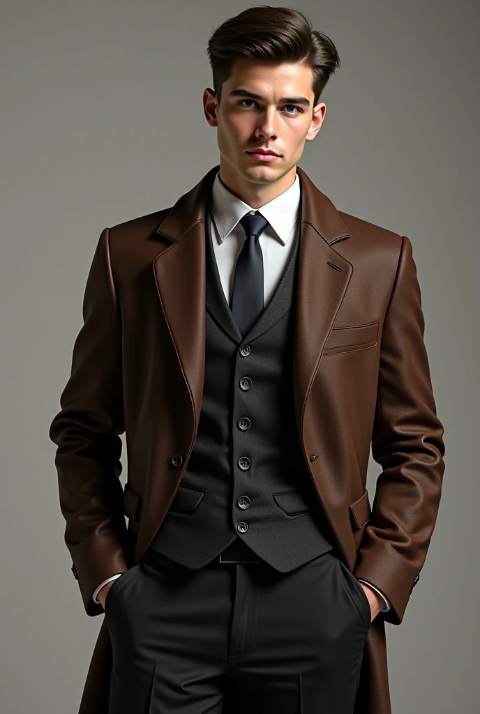 A male detective in brown coat, holding magnifying glass in left hand, and scissors in the right hand.