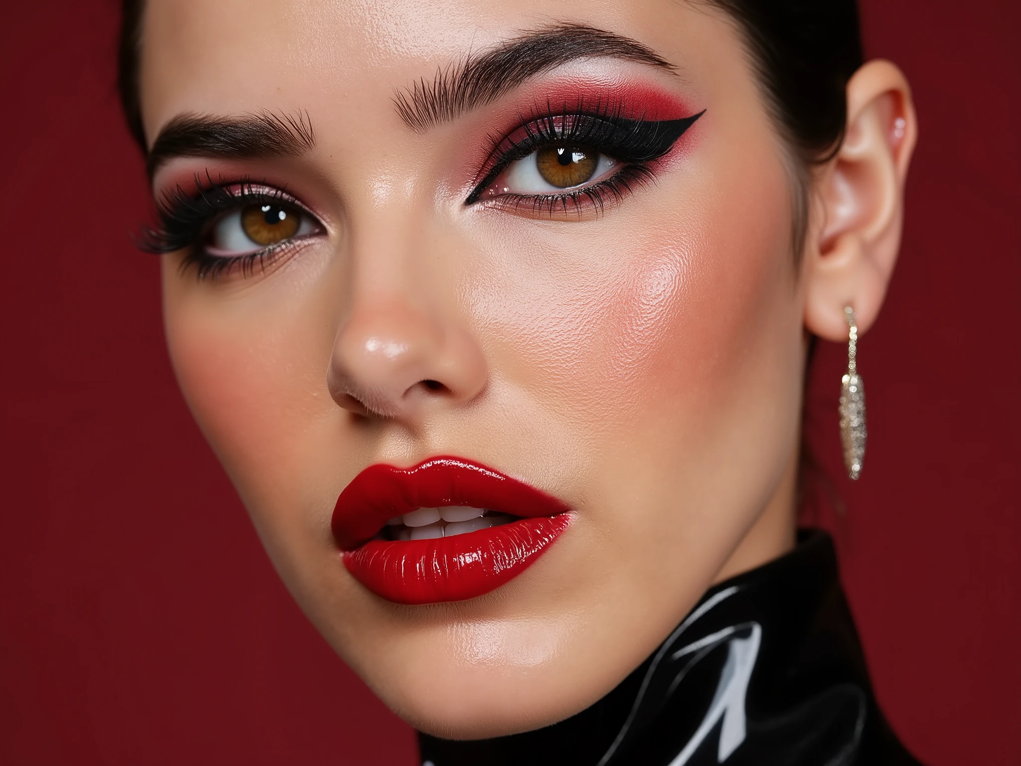 Extreme close up of her face, she is wearing extreme shiny deep red lip gloss, thick eyeliner flicks, mascara, fake eyelashes, latex neck entry catsuit, glossy lips, shiny lips, gleaming reflections bounce off her lips, natural skin, pale white skin
