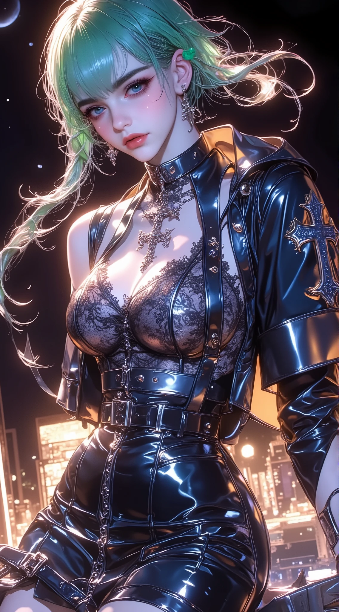 masterpiece: 1.2, best quality), realistic, (1 couple), 1 woman (GREEN hair), bright eyes, Morrigan Aensland, succubus, 1 man (PURPLE hair), seductive look, suit, gothic, cemetery, moonlight, dead trees, dry leaves, holding hands, (perfect hands)
