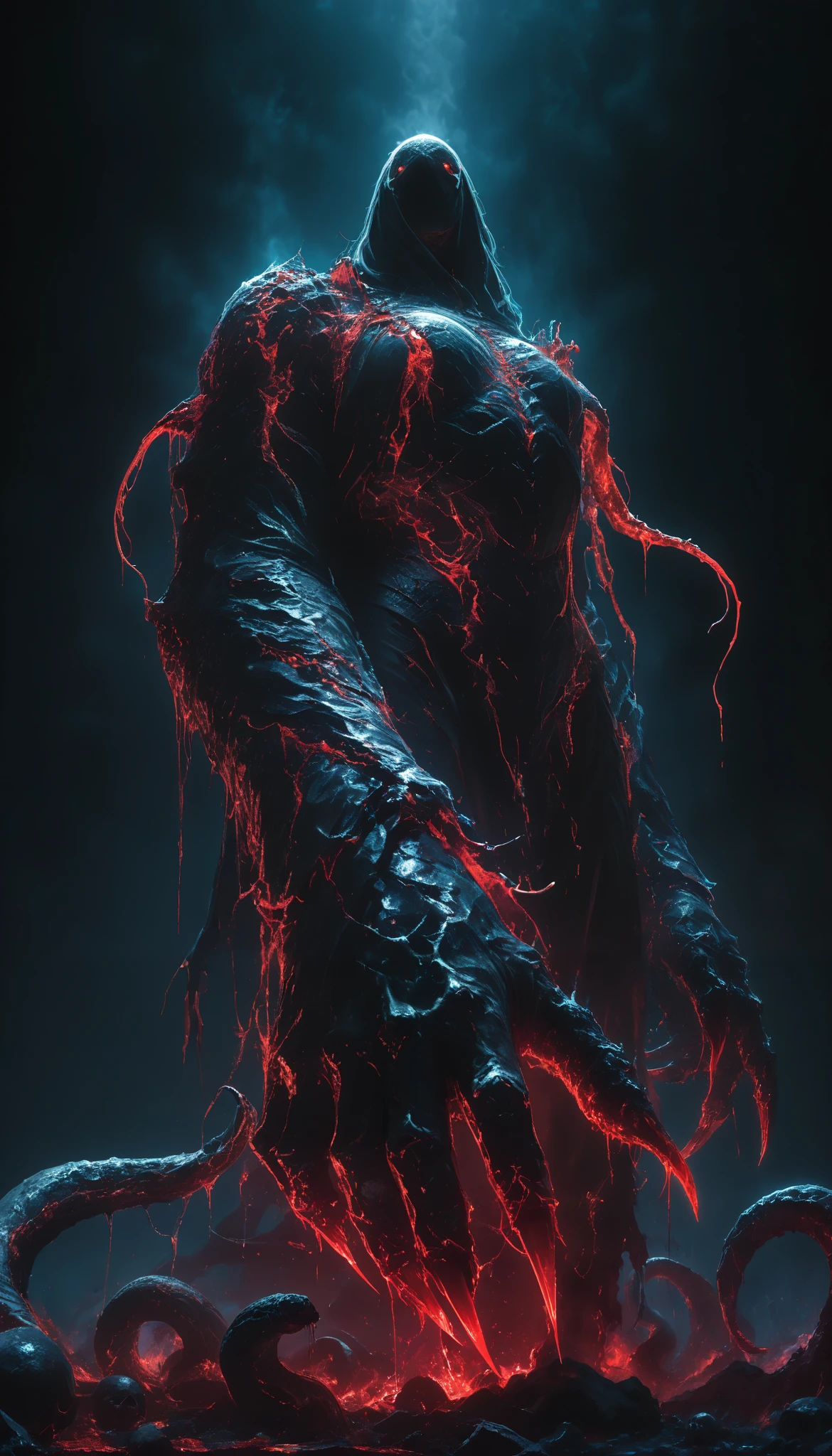 prototype,black background, white on black ,high contrast,Focus down,blue and red details,giant hand ,Broken glass,Bloody moon,devil,long nails clothing,thick skin,scales,Colossal figure, caza devils maldito,Biomass ,Grotesque Fiction,eyes,Macabre Tentacles, close,From below,Masterpiece,the best quality,newer,absurdres,highres,very far away view