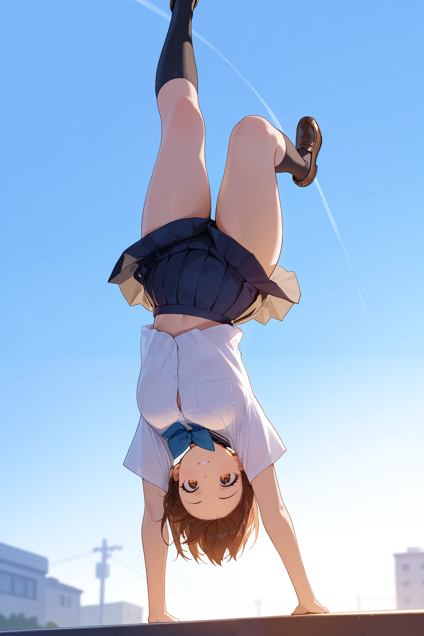 (masterpiece:1.3),(best quality:1.2),
from below, low_angle_human, 1girl, short blonde hair, blue tartan skirt, standing, (viewed from below), (underskirt shot), white panties, ((front footage)), ((looking back at viewer)), ((view at viewer)), ((Brown shoes))