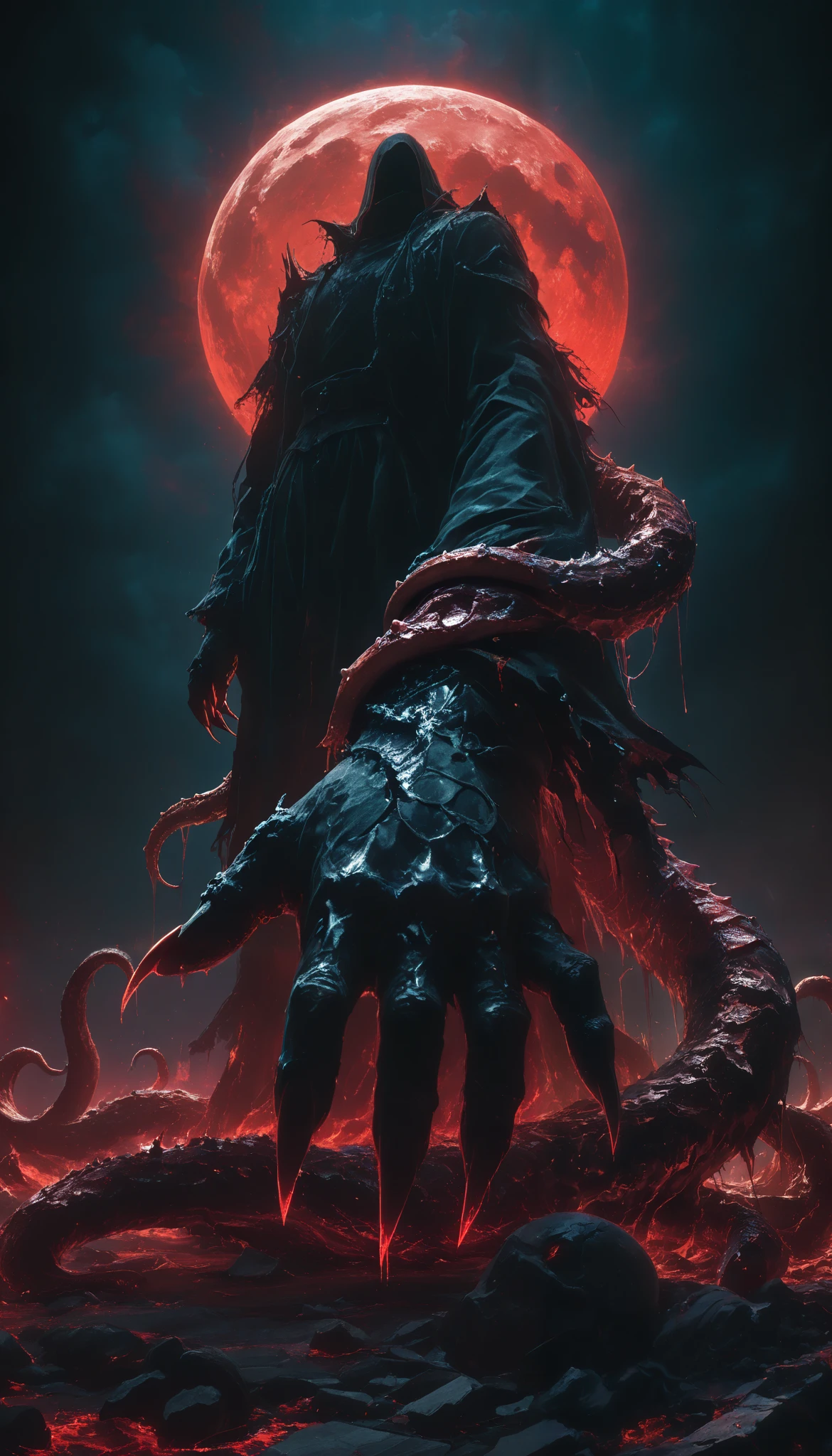 prototype,black background, white on black ,high contrast,Focus down,blue and red details,giant hand ,Broken glass,Bloody moon,devil,long nails clothing,thick skin,scales,Colossal figure, caza devils maldito,Biomass ,Grotesque Fiction,eyes,Macabre Tentacles, close,From below,Masterpiece,the best quality,newer,absurdres,highres,very far away view