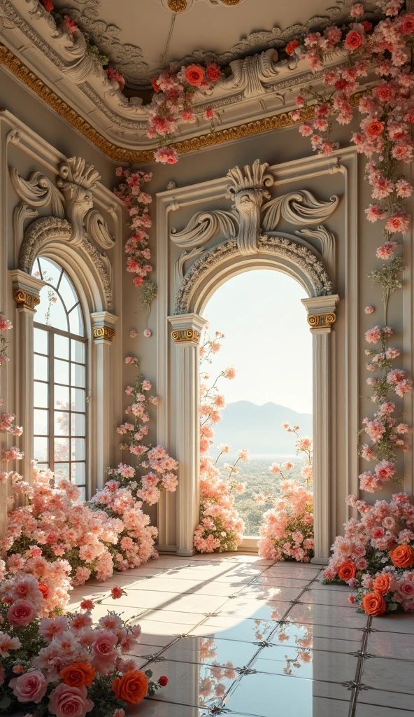 "Luxurious baroque interior with plenty of detailed stucco. The ceiling and walls are decorated with exquisite, with curls and gilding. Realistic flowers, as if falling from the ceiling, creating a feeling of weightlessness. Flowers detailed, patterns with soft petals and natural shades