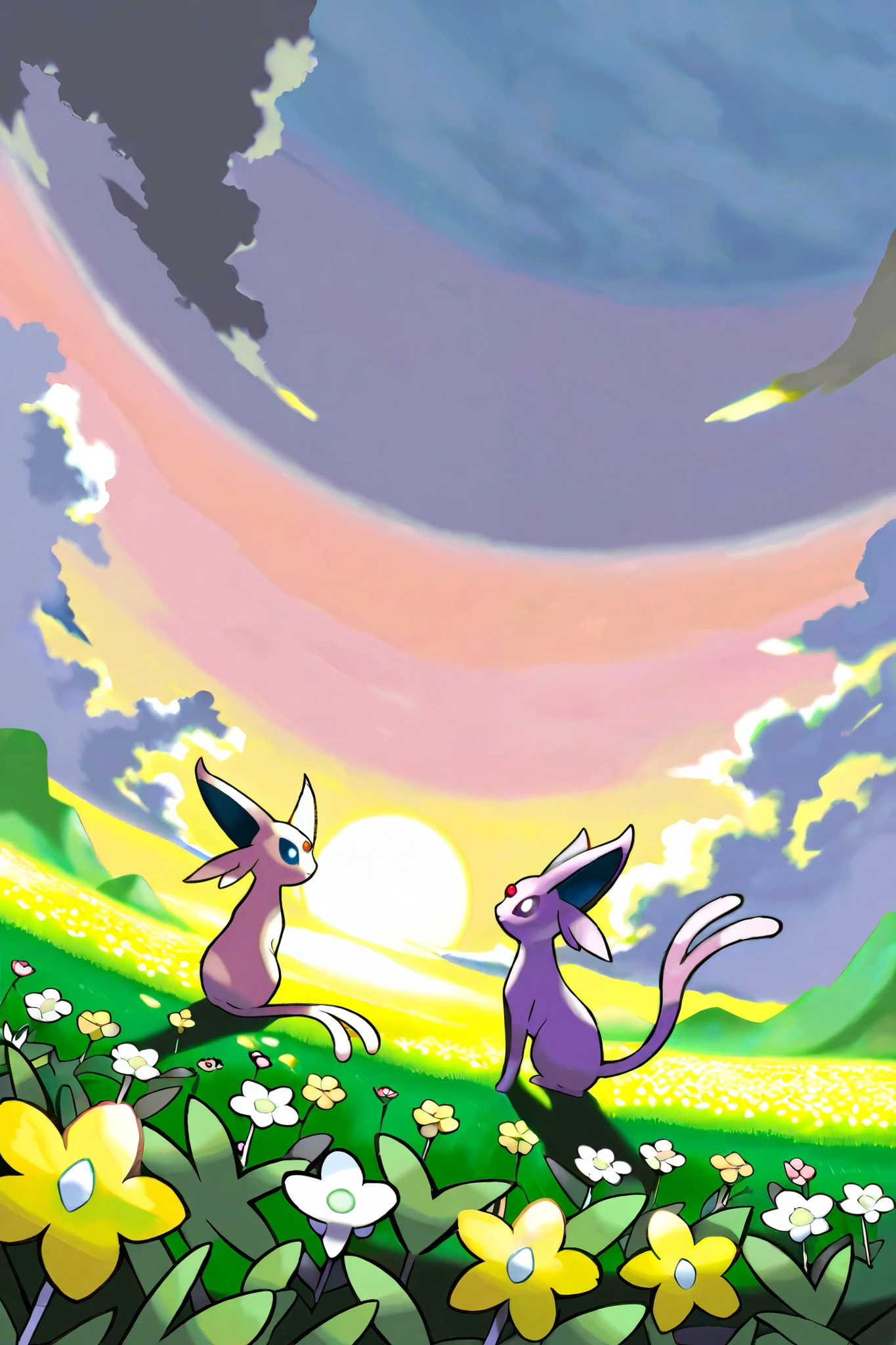 An Espeon from pokemon, in a wood field at sunrise, flowers on the ground, dynamic scene, wide angle view, ken sugimori style