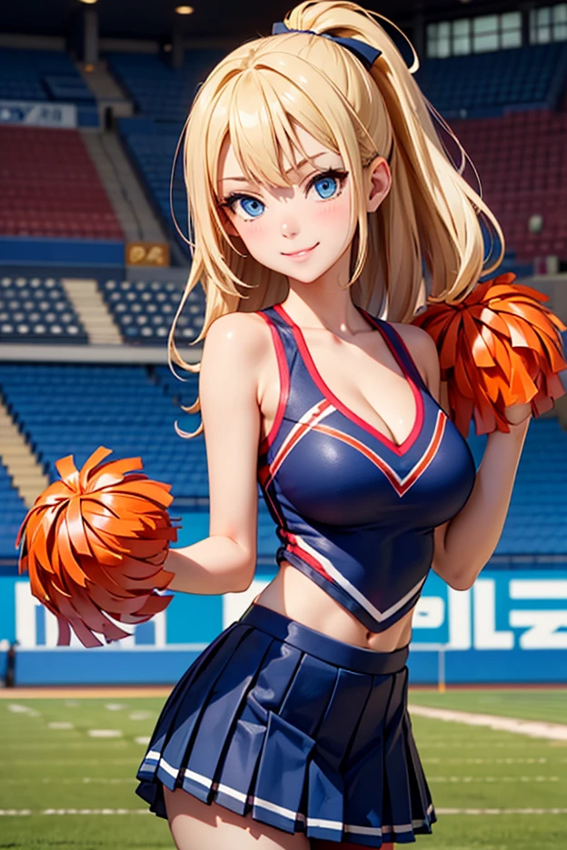 Absurd, Super detailedな,(In 8K:1.3),Masseter muscle area,(masterpiece:1.2)、(Highest quality)、4K、Super detailed、(Movement Structure:1.4)、(Shining Lights、Atmosphere lighting), High resolution, Best Quality、(One girl:1.4),Super detailedな,Bright colors、Treebreak Production Art、(Warm color light source:1.2),High-level image quality、Fine image quality、Intricate details,Volumetric Lighting,Realism BREAK、Profile、 Idol face、15 years old、Very beautiful face and eyes, Beautiful images、natural make up、 big eyes, (Big Tits:1.2)、(Breast bag:1.2)、(glossy skin :1.5)、(Baby Face:1.5)、 (Jumping:1.5)、Plump thighs、 (Stadium:1.2) 、 (blonde hair,wavy hair:1.2)、 (((wearing cheerleader costume)))、light smile