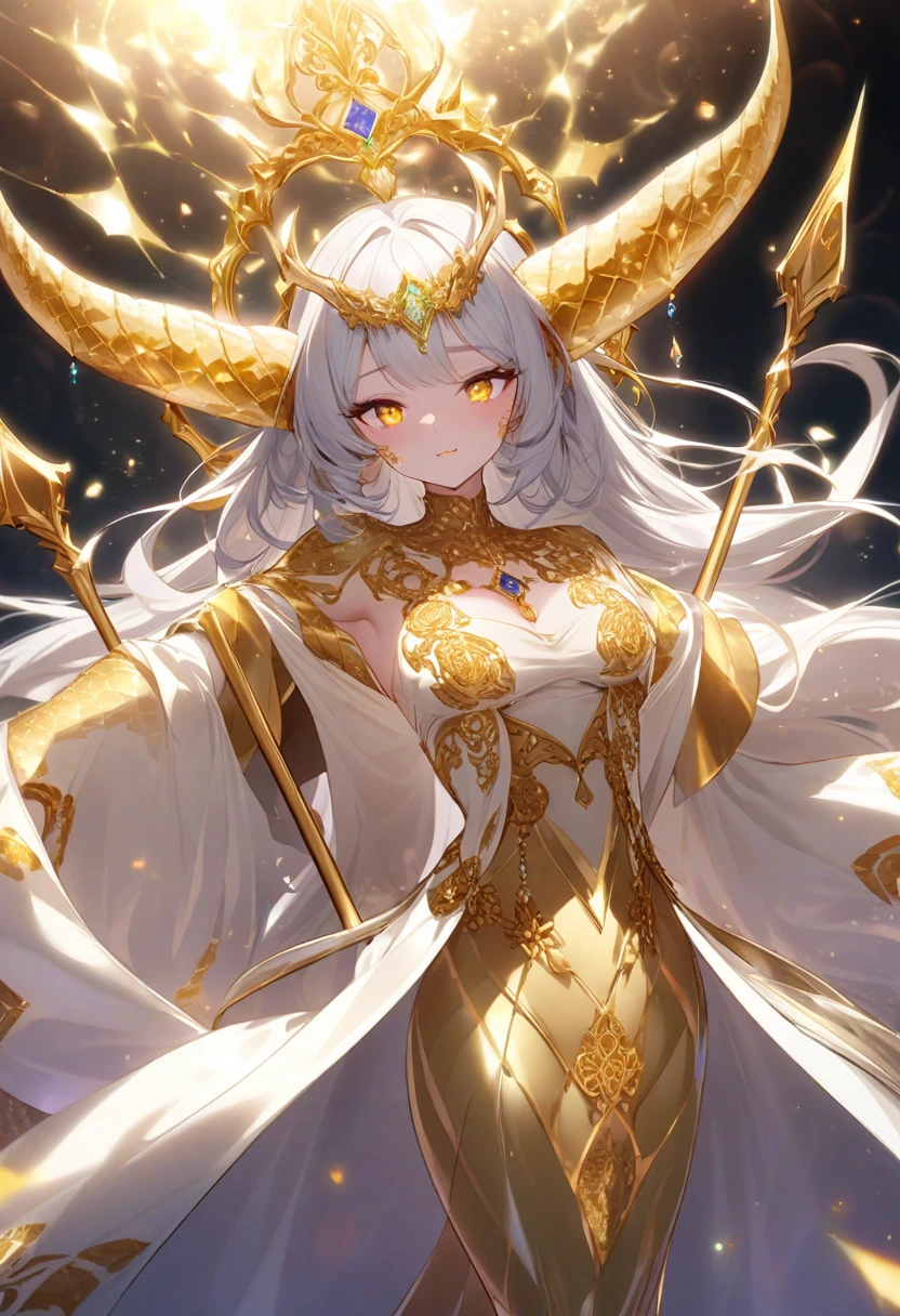 (Highest quality, amazing details:1.25),(3heads:1.5), girl with three heads, golden blonde hair, (((same hair color))), black dress,((( lighting ability))), armor, large breasts, cleavage, ((snowy mountains in background)), charismatic, very shy, carefree, ((Electric superpower)), detailed hair,((high ponytail)), (detailed glowing golden yellow eyes), (mature woman), casual dress, sexy proportions, thighs, Beautiful girl with accentuated slender abs purple scales, lots of purple scales on face, (golden dragon wings:1.1), large chest, (golden dragon horns:1.1), slender clawed hands, slender, weredragon