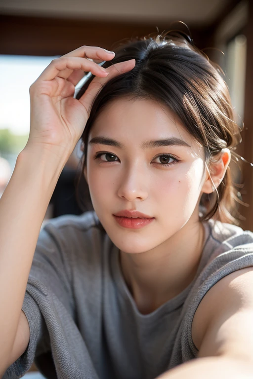 (Ultra Real), (Illustration), (High Resolution), (8K), (Very Detailed), (Best Illustration), (Beautiful Detailed Eyeest Quality), (Ultra Detailed), (Masterpiece), (Wallpaper), (Detailed Face), Night, Upper Body Up,Armpits, Smile,Plump,Solo, White Tank Top Girl, Sweaty, Japan Person, Big, (Camel Toe)