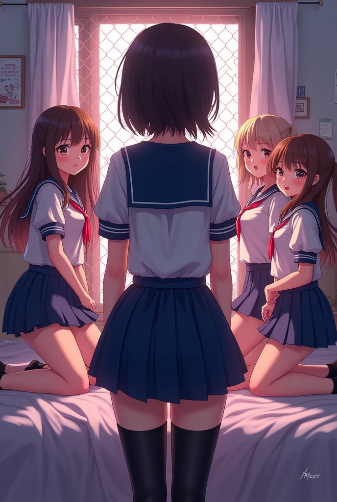 (sfw, White and Red, Acutance:0.8), Masterpiece, ((realistic and ((photorealistic:1.37)) with touch of rawness)). A group of KAWAII girls in opened school uniform without bra . (extremely detailed KAWAII face variations, joyful expression variations), { Navel | pretty Ass | Overflowing underboob | (White panties) with blood only in crotch area | (full of Flowers covering girl's body) | (Dazzling colorful stained glass with delicate details:1.2) } . (Exposed:1.2), ((nipple:-0.9)), (not Detailed fingers:-0.9) .