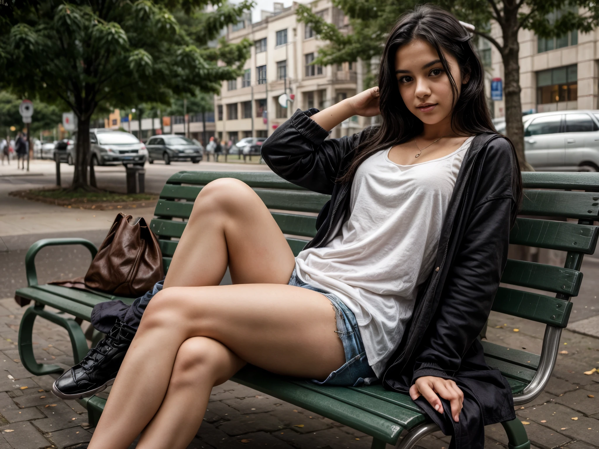best resolution, highly detailed, closeup of a young girl with three legs, age 16, Hispanic, cute, black hair, out on an overcast afternoon, sitting on a park bench,
