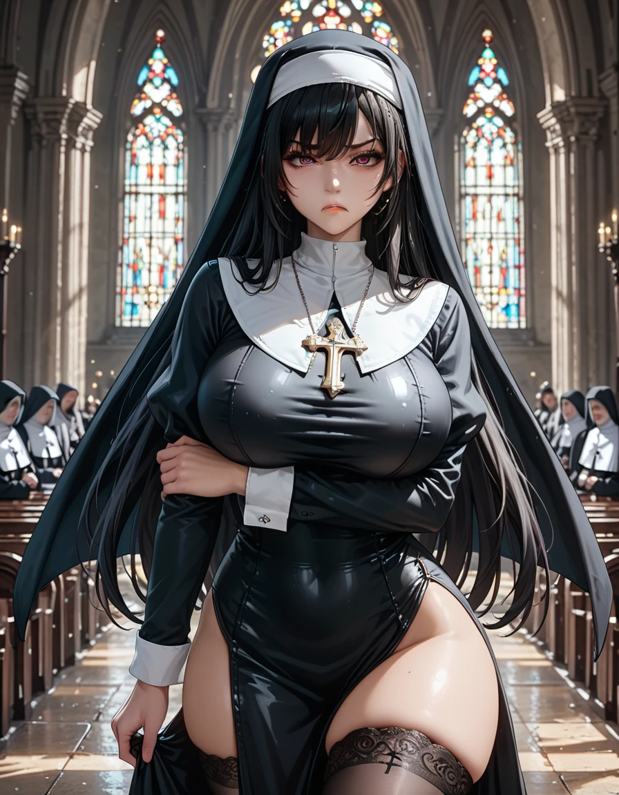 Rosalina as a nun, black pasties covering her breasts, breasts fully exposed, fit, perfect body perfect face perfect body perfect hands perfect fingers perfect condition perfect shape, thick lips wide hips thick thighs beautiful Photorealistic hyperrealism, trending on Pixiv trending on civitai perfect composition perfect render innovative design masterpiece kawaii flawless, in a church, Super Mario World, Final Fantasy style, massive breasts, largest breasts possible, massive cleavage, Ecchi, hentai, realistic hentai, aroused, hard areolas, areolas protruding, breasts indentation, super thick, curvy, abs, flawless beauty perfect skin perfect makeup perfect angle perfect view perfect Mario World style Church, Rosalina as a nun, breasts covered by pasties, no shirt, black heart shaped pasties, heart shaped areolas