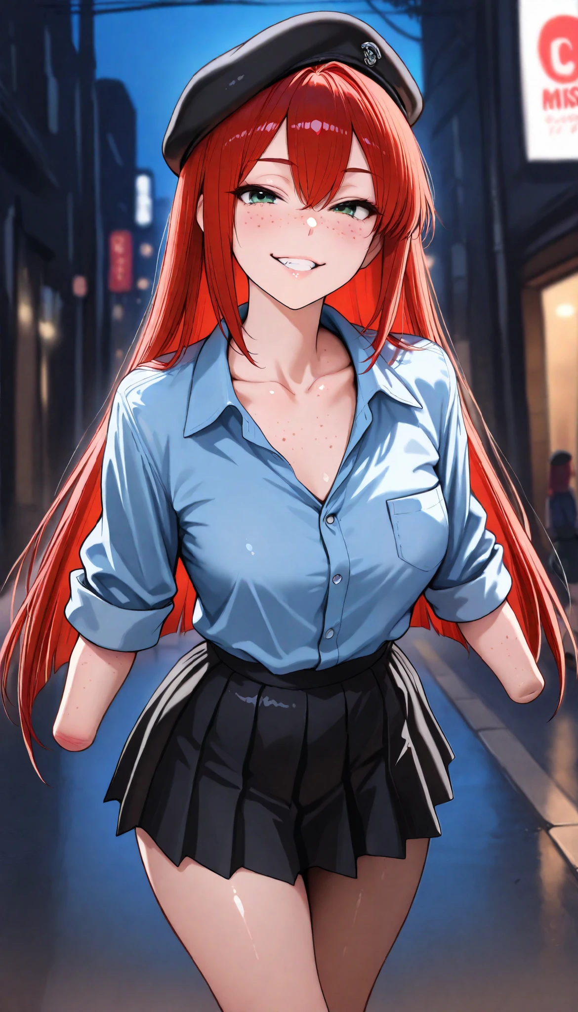 beautiful armless amputee girl dressed in blue shirt with rolled sleeves and skirt walking on the night street, girl, cute, sassy, grin, green eyes, (freckles), redhead, ((long straight red hair)), (black beret), ((light blue button down shirt)), (((rolled up sleeves))), ((missing forearms)), ((elbows)), ((amputee)), (((arm stumps))), (((collarbone))), big chest, (chest pocket), ((legs)), looking at viewer, night, shiny street, masterpiece, best quality, amazing quality, realistic. hyper-detailed, ((arms in front of her))