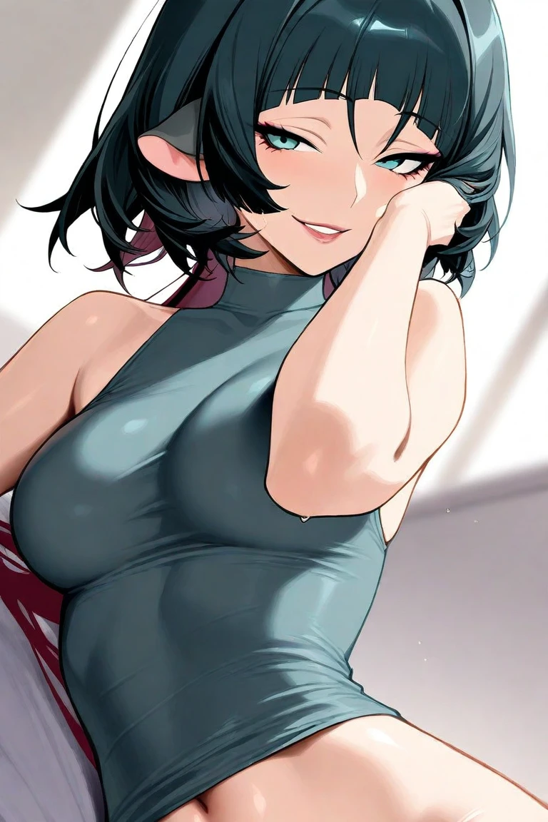 masterpiece, best quality, himeno, looking at viewer, very large breasts, upper body, portrait, looking at viewer, seductive smile,put your hands behind your head, armpits, armpits visible, sweaty armpits, backround on gym