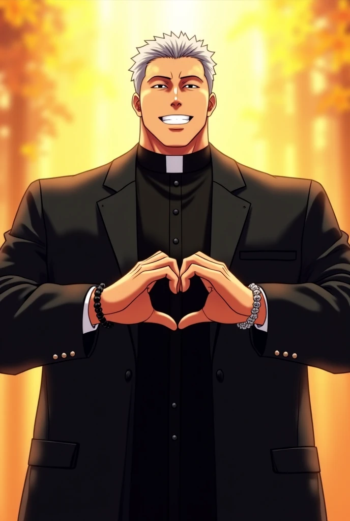 absurdres, highres, ultra detailed, HDR, master piece, best quality, Ryoumen Sukuna, pink hair, expressive red eyes, Jujutsu Kaisen, solo, sexy man, handsome, horny, lewd, black priest robes, accessories, showing the chest, cross necklace, priest, white gloves, fantasy, magical, white roses, white petals, blue sky, church, Nu Carnival