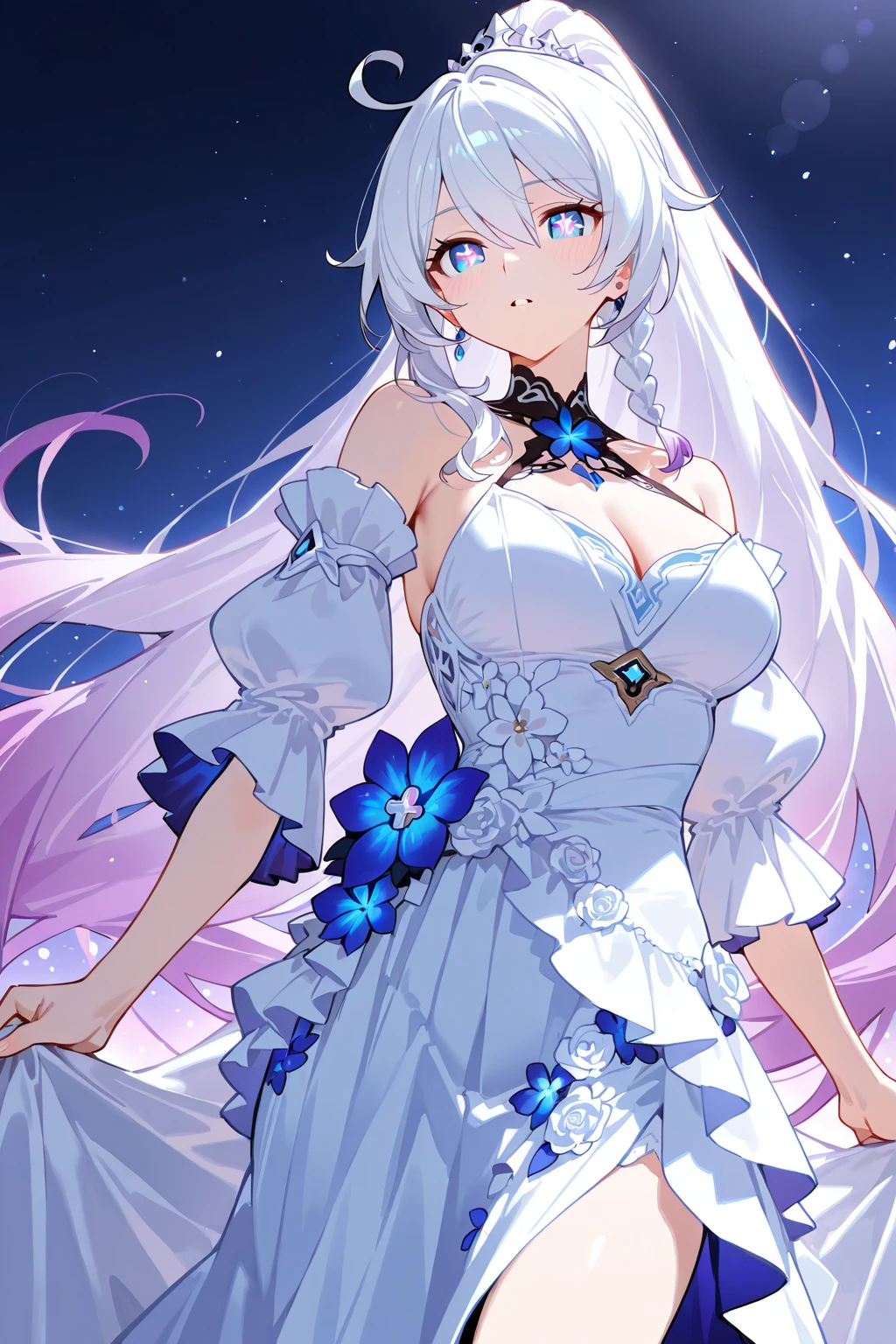 silber hair,butterflys,long whitr hair,white wedding gown,8k wallpaper,detailedbackground,Highest high resolution,deep v big breasts,Hair covers one eye,Bandeau wedding dress,chies,White rose,tight-fitting,chies,In the daytime,