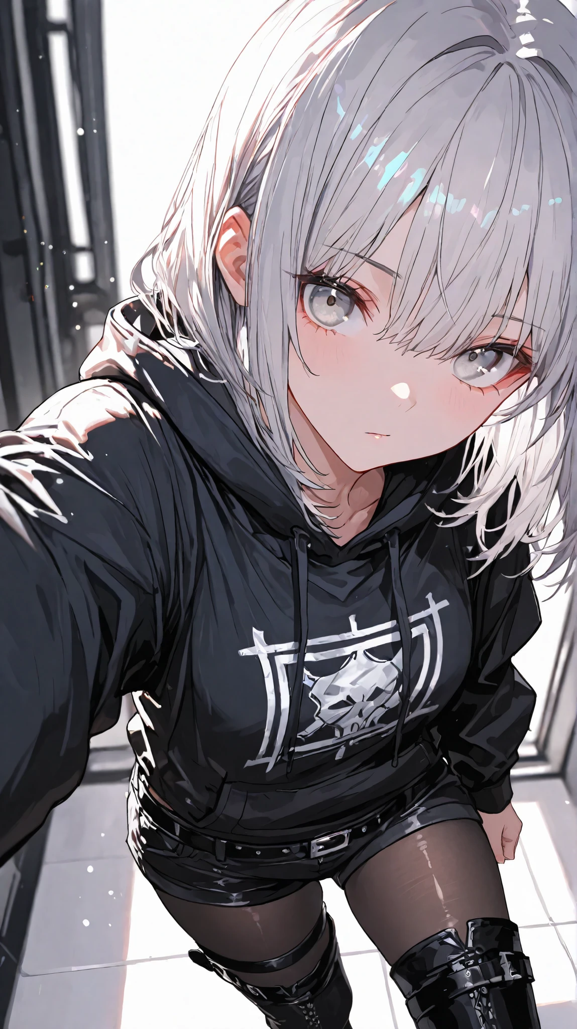 1 girl, medium hair, solo,silver hair,silver eyes, black hoodie ,jacket, belt, black jacket,thigh boots,(black tights),from above,looking at viewer, black shorts, black belt, (EyesHD:1.2), masterpiece, best quality, ultra-detailed, very aesthetic, sharp focus, depth of field, vibrant colors, ray tracing, best lighting, detailed illustration, detailed background, cinematic,selfie,extreme close up