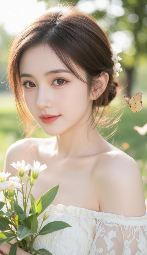 (beste-Qualit), (lifelike, real photos:1.5),The young woman, kawaii, Erotica, Seeing the breasts, eyes with beautiful details, detailed photo, Exquisite Face, Most Detailed, background, In the middle of the field, There's a buffalo.