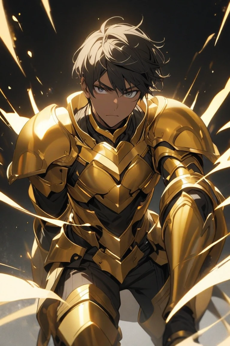 Create a boy, a 10 year old who has a golden bucket on his head with black hair, a gold suit and gold pants and who has an arm gifted with midas