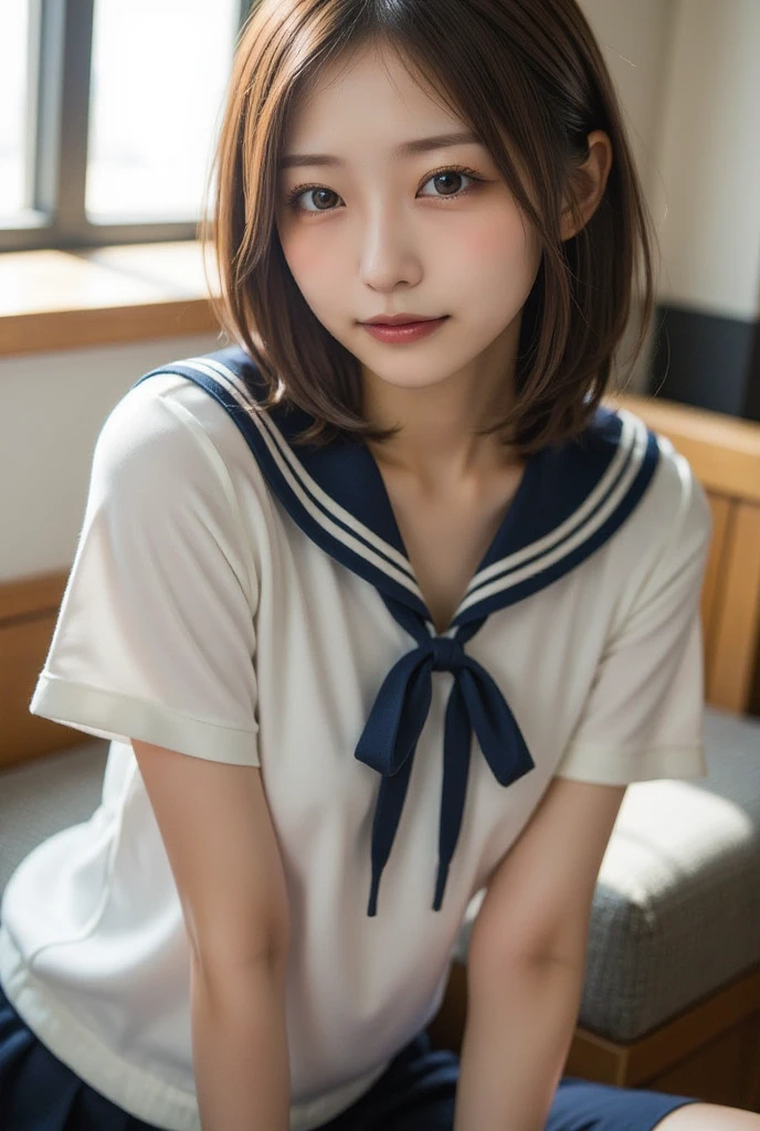 masterpiece, top-quality, 8K, Raw foto, beautiful a girl, cute face, (sitting on, The upper part of the body, a sailor suit, serafuku,:1.2), 校服, The shirt, looking at the viewers, proximity, Teen, Classroom, a bow tie, navy pleats skirt, A hyper-realistic, hight resolution, a picture, film grains, chromatic abberation, foco nítido, face lights, Dynamic lighting, Cinematographic lighting, highestdetailed, Extreme details, ultra-detailliert, detaile、extremely detailed eye and face