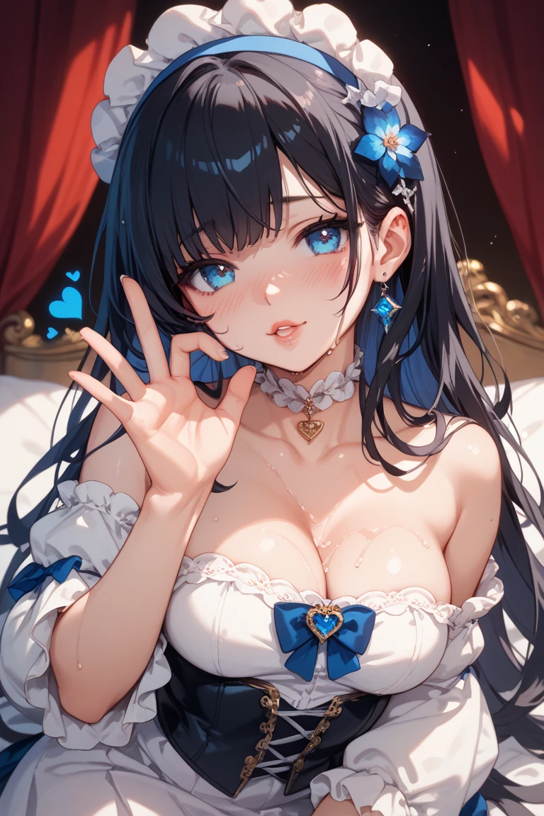 Highest quality, masterpiece, Ultra-high resolution, female、Big Breasts、Beautiful Princess、Lying on your back in bed、Beautiful dress、Clothing Sex Immediately After、Unfocused hollow eyes、Drooping eyebrows、Gaping mouth、Saliva in the mouth is stringy and sticky