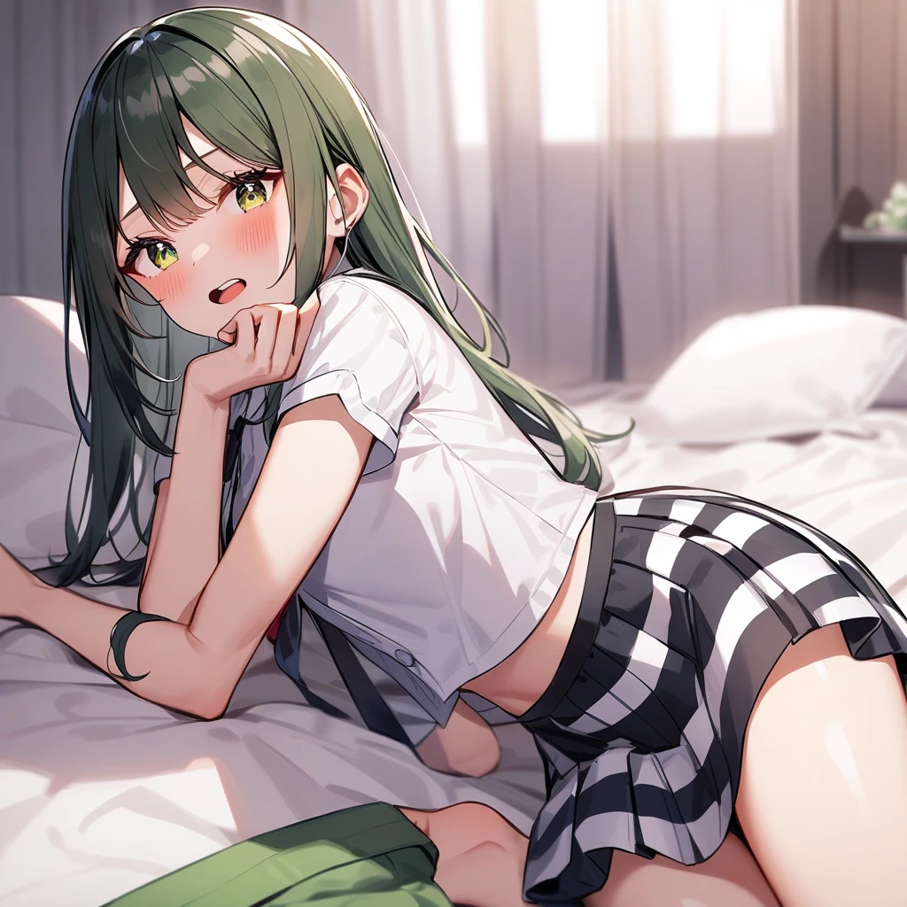 female character. anime style. my hero academia. wide shot. back pose. whole body. attractive. Light skinned girl, long green hair. Coffee brown eyes. under eye liner. white shirt open buttons. red panties. barefoot. whole body.placing his hand on the bed. Background Sitting on the edge of a bed in an elegant white room