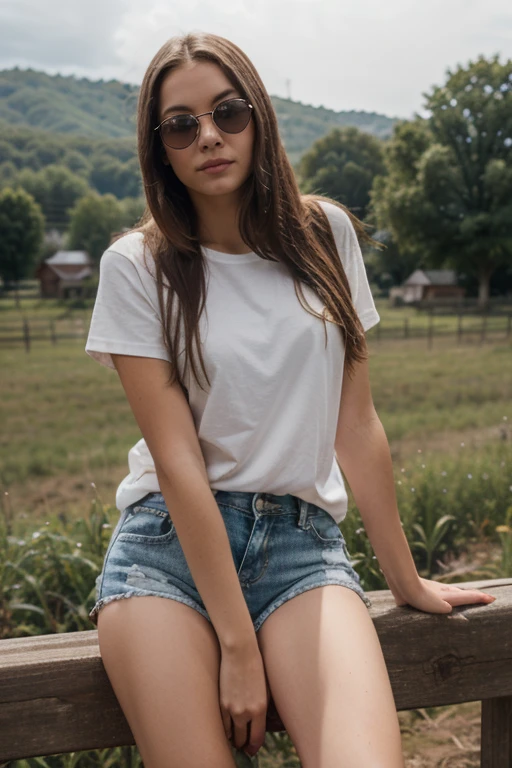 generate me a brunette model smilling with teeth near a lake dressed with white shirt and shorts