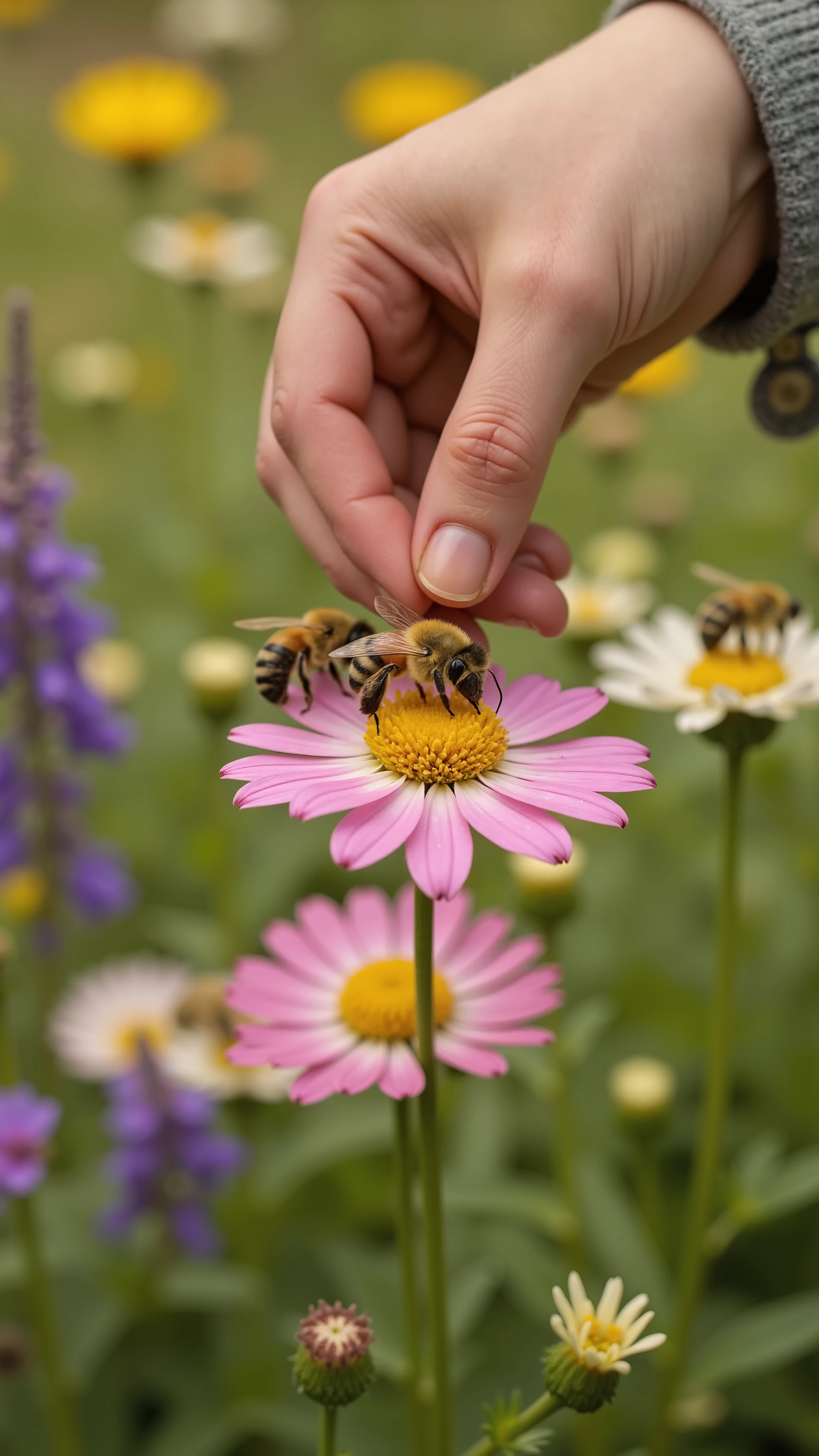 An ecologically conscious gardener lovingly interacts with wild bees in her natural flower garden. Every detail - from insect hotels to home-planted local flowers - shows sustainable harmony between humans and nature.