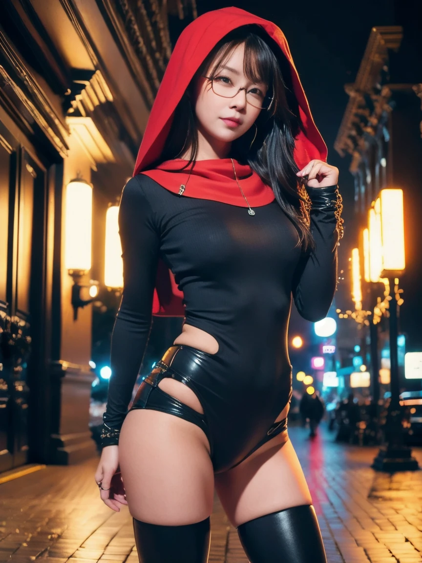 A woman in a red dress and black stockings is walking, vestido cyberpunk, Anime Garota Cosplay, Succubus em vestido curto apertado, Cosplay, Anime Cosplay, roupa intrigante, Cosplay de Sarada Uchiha, roupa cyberpunk, Cosplay completo, roupa estilo cyberpunk, Sha Xi, Cosplay realista, Akali, foto Cosplay, Cosplay profissional, cinematic outfit photo, Xianxia de corpo inteiro