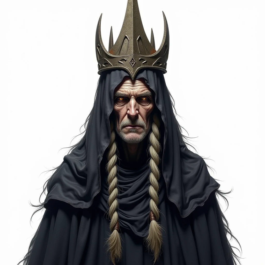 an evil old necromancer that looks like a dry corpse with a golden crown on his head, long gray hair and, he has fearful look, holds long sword, fantasy art, concept art, johan grenier, trending on artstation, national geographic photo, peter mohrbacher, astral, aurora, detailed, ominous, photorealistic, mark brooks, hyperrealistic, seb mckinnon, horror style, mythological