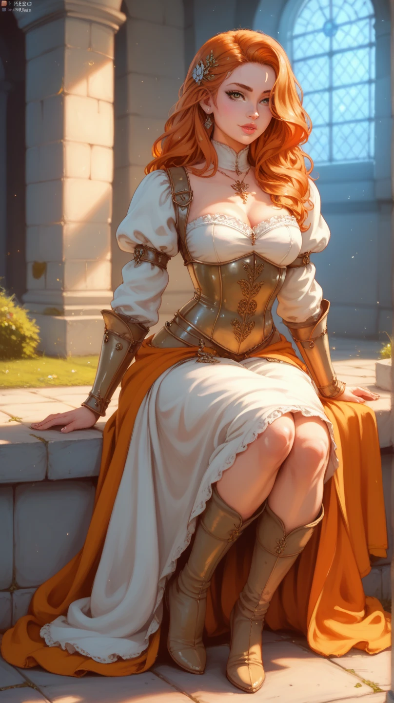 masterpiece, best quality,1girl,solo, robot girl, humanoid robot,robot joints, orange eyes,long hair, (colored skin),huge breasts,tiara, jewelry, armored dress,gold trim, sleeveles,cape,castle in background, (outdoors),garden,sitting, on chair,tea cup on table, armrest, (across table), light smile