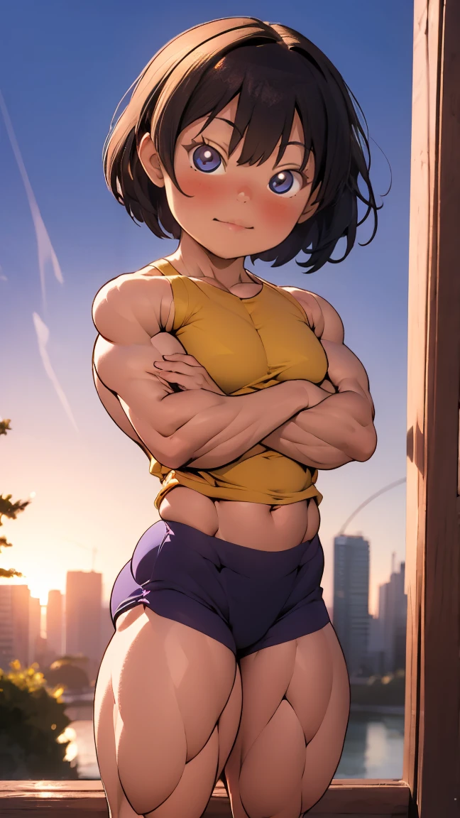 1girl, 10-years-old, short black hair, blue eyes, wearing plain white shirt, denim shorts, city, absurdres, high res, ultrasharp, 8K, masterpiece, looking at viewer, white crop top, strong arms, muscular thighs, ripped muscles, six pack abs, muscle arms, muscular, flat chest, small breast, no breast