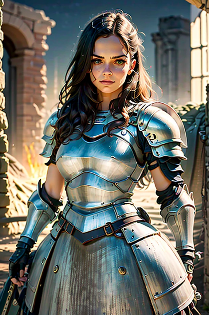 Illustration of a warrior girl in a helmet with long hair and red eyes.