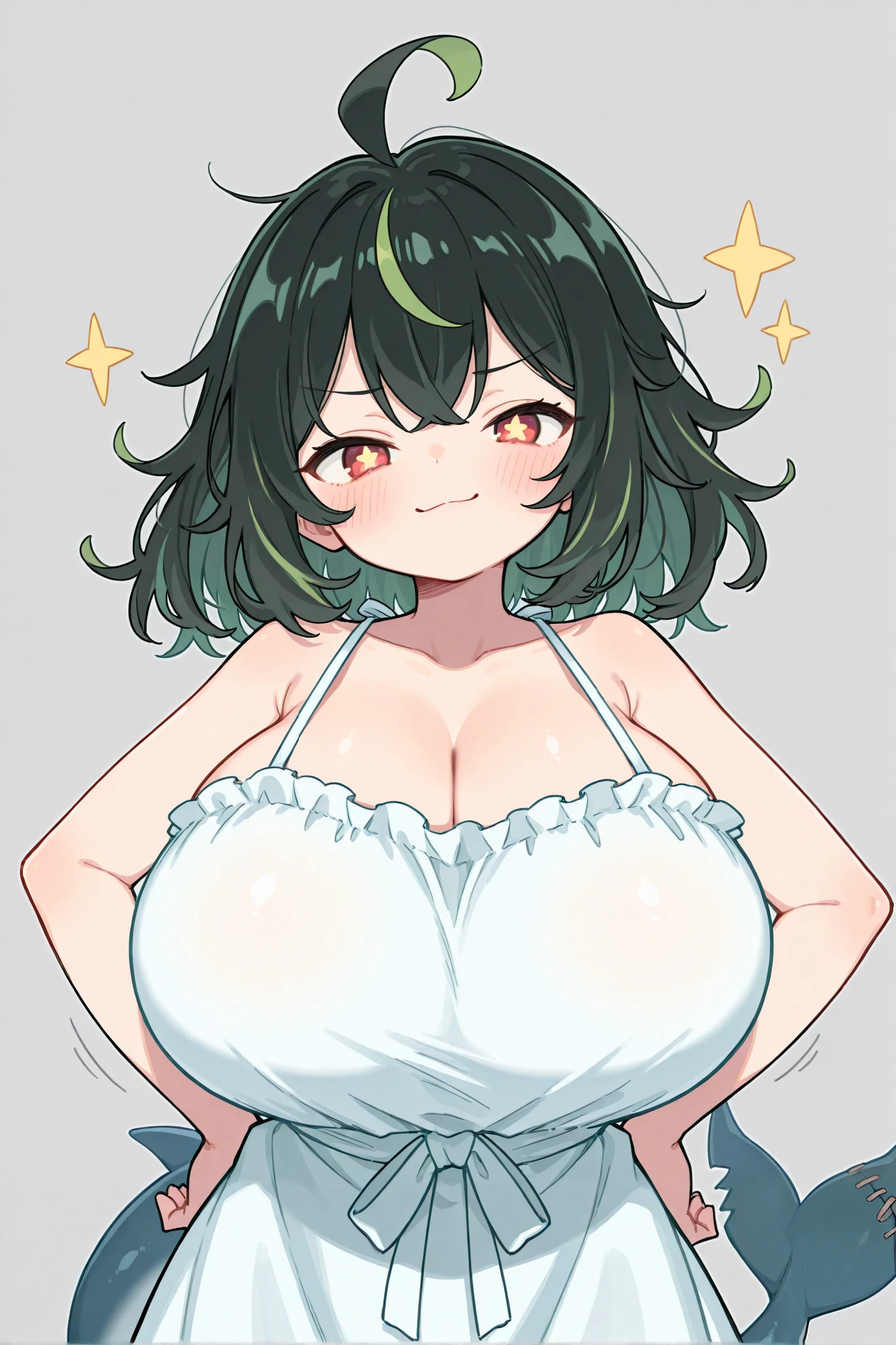 score_9, score_8_up, score_7_up, break, absurdres, highres, (masterpiece), original, solo, female focus, cowboy_shot, : 1.9, blush, bright pupils, diffraction spikes, shaded_hair, detailed hair, hair strands, dark hair, green hair, smug, star-shaped pupils, star (symbol), symbol-shaped pupils, red_eyes, squinting, cute, cute face, upper body, white pupils, looking at viewer, sundress, hands_on_own_hips, pov, simple background, grey_background, 2D, shark_girl, shark_tail, ahoge shark_fin: 1.4, clenched_hands, gigantic breasts: 2.0, huge breasts, large breasts,