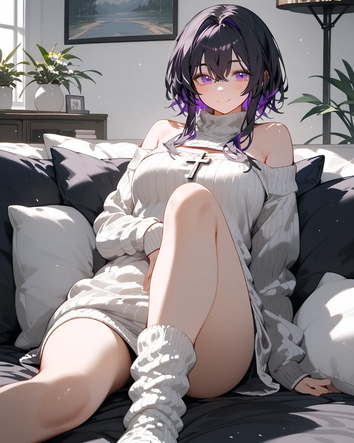 masterpiece,Highest quality,Super detailed,Highly detailed CG,High resolution,Highly detailed skin,Perfect Anatomy,Trick him?Fantastic details,Cowboy Shot,Purple eyes,lipstick,eyeliner,eye shadow,thin,Shiny skin,Medium chest,Bobcut,Silver Hair,Shiny Hair,(sleepy:1.4),(Bathrobes:1.5),(bracelet:1.4),(Crossing your legs:1.4),(Hands close to the face:1.5),(Cleavage:0.4),(living room:1.4),(cream puff:1.5),(Rose:1.3),(On the sofa:1.4)、holding cream puff in hand