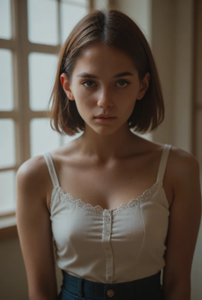 mejor calidad, hyper realistic, Detalles, 8K, adolescente, Fifteen years old, shy, triste, palidez, Grandes ojos azules, piel muy blanca, small nose, short brown hair with bangs, melancholia, hermoso, Arc de Triomphe of Paris in the background, hermoso feminine clothes, Photography.