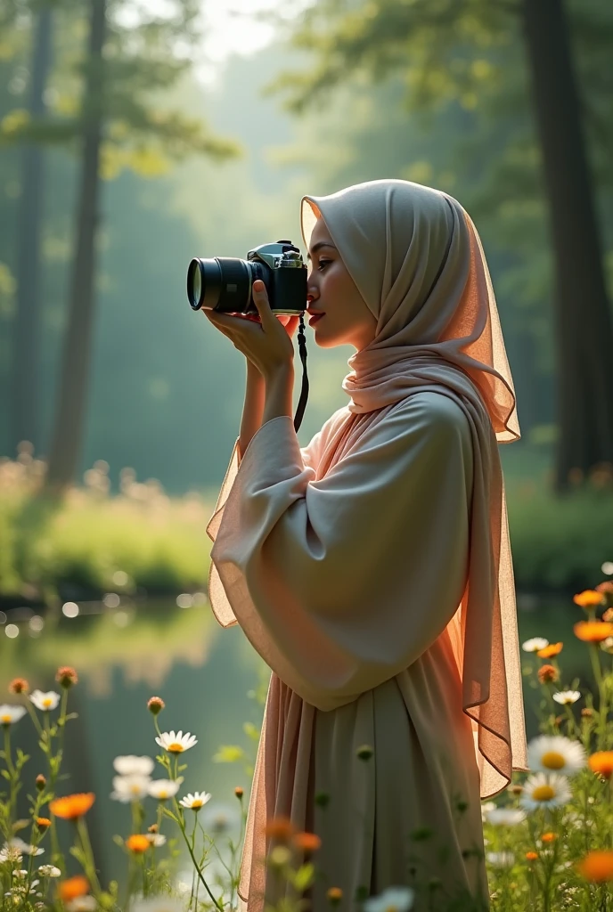 A stunning cinematic photo of a Muslim woman in a hijab, wearing a beautiful and elegant dress, standing gracefully on a pristine sandy beach. The beach features crystal clear waters that lap gently at the shoreline, and there is a hint of a sunset, casting a warm golden hue on the scene. The woman's dress is adorned with intricate patterns and details, and her hijab is a vibrant color that contrasts beautifully with the serene beach setting. The overall effect is a powerful blend of fashion and culture, with a touch of romance and sophistication. fashion, cinematic, photo