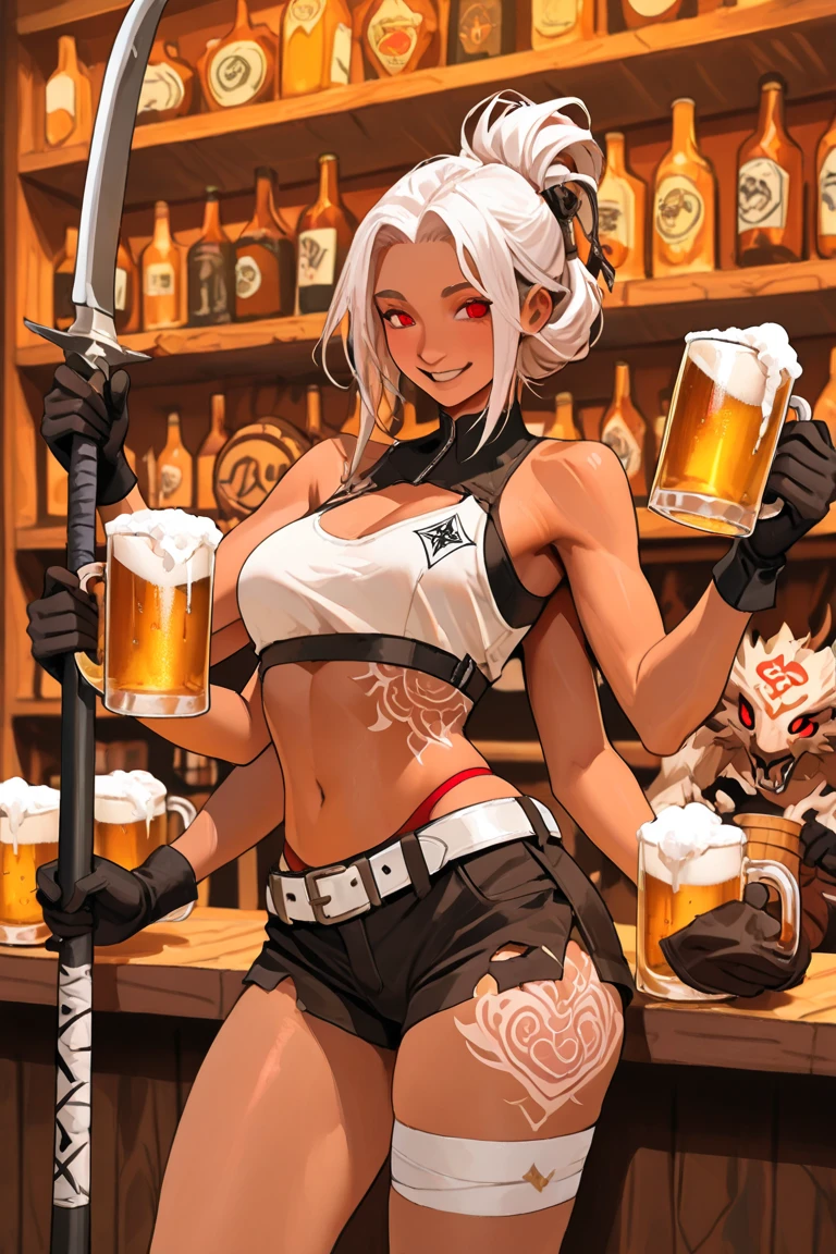 a woman with a beer in her hand and a tattoo on her arm, oni, pele vermelha, horn on head,  Beber cerveja, bebendo uma cerveja, Segurando uma cerveja!!, rossdraws e jazz, com uma bebida, segurando cerveja, lazy |, Segurando uma cerveja, arte digital de danganronpa, oc commission, High Resolution Commission, em um bar, 2b, 2b