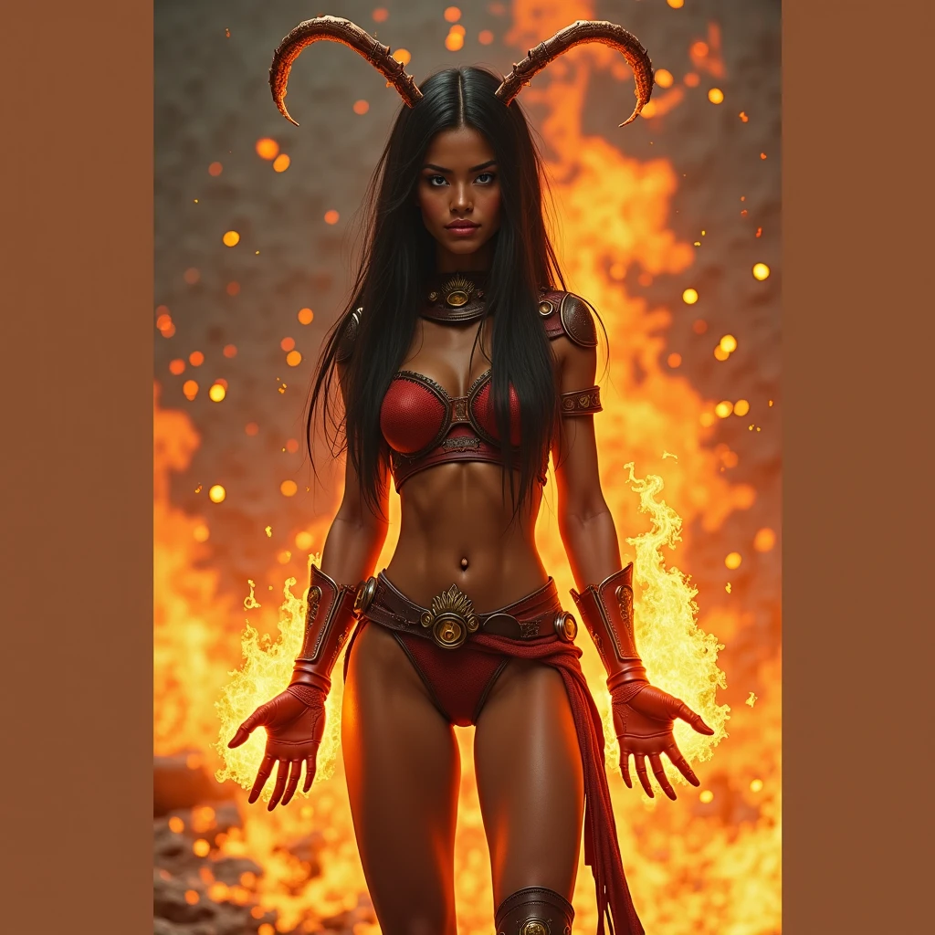Beautiful mature female demon, horns, tail, cruel smile, red skin, sexy fetish armor, wreathed in fire, fiery eyes, temptation, taking your soul, hellscape background, tortured souls, hordes of hell in the distance, (masterpiece), (photorealistic:1.4), RAW photo, best quality, high res, rich colors, backlight, bright sunlight, cinematic lighting, film grain, raw photo, 50mm lens, Nikon D850, warm colors