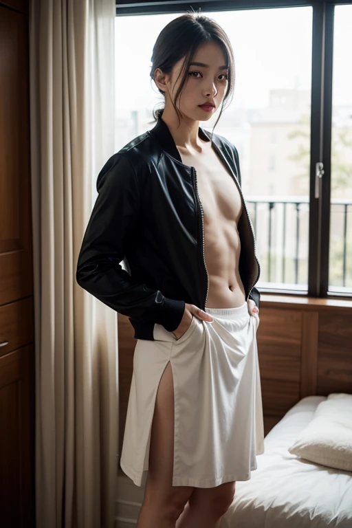 Masterpiece, youth, handsome, Youthful, , sexy pose, charming,on the bed,shirt collar,woman,loosen clothes,
