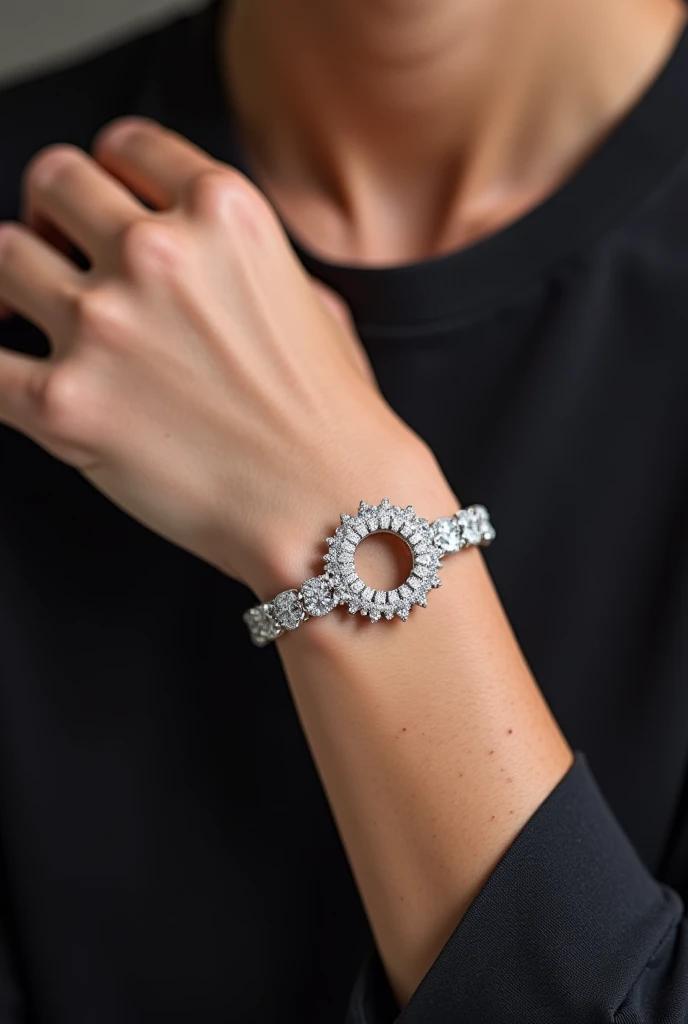 Black and white picture, woman arm wear bracelet shellfish ruby