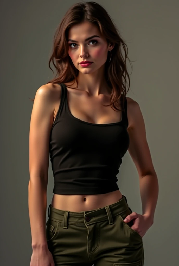 (Masterpiece, best quality, photorealistic, highres, photography:1.3), close-up portrait, sharp focus, 1 brunette woman, European fashion models, tanned skin, open legs, slim feminine appearance, slim fit woman, cleavage, ((ponytail loose updo)), detailed hair strands, delicate sexy face, allure look, ((cool outfit, camisole, open jacket, miniskirt, belt, stockings, belly button, groin showing)), ((outdoor fashion photoshoot)), standing pose, ((realistic, ultra realistic, realism, realistic detail))