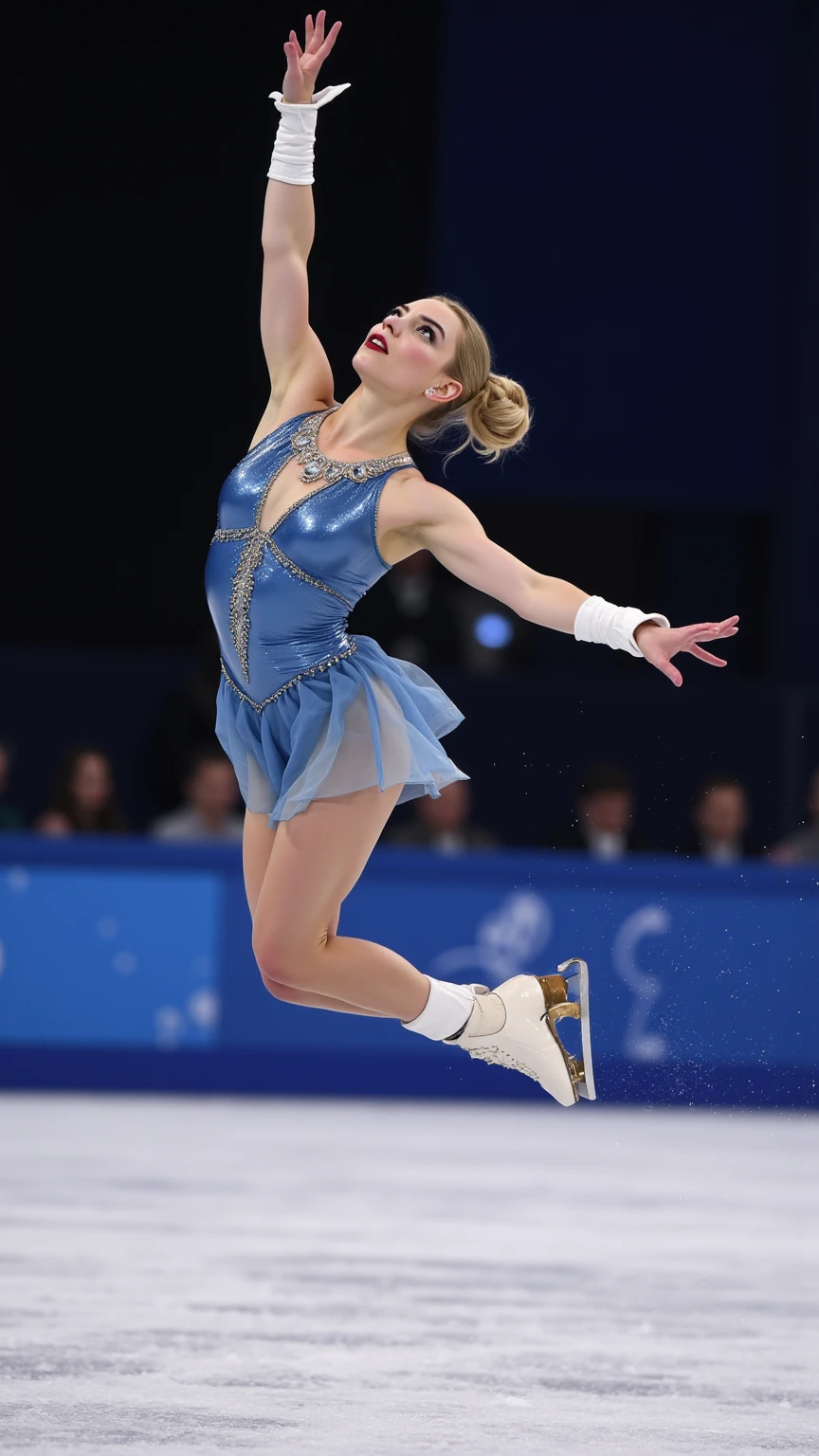 Female supermodel performing a triple axel jump mid-air on an outdoor ice skating rink. She has blonde, matte, shoulder-length hair, fair skin tone with natural imperfections, and an athletic build. She is wearing an elegant red, sparkling ice skating dress that is bare-shouldered and extends to mid-thigh. The rink is adorned with Christmas decorations, creating a festive atmosphere. Her expression is focused and intense, capturing the concentration of the jump. The lighting is dramatic yet natural, highlighting her and the glistening ice beneath her skates.