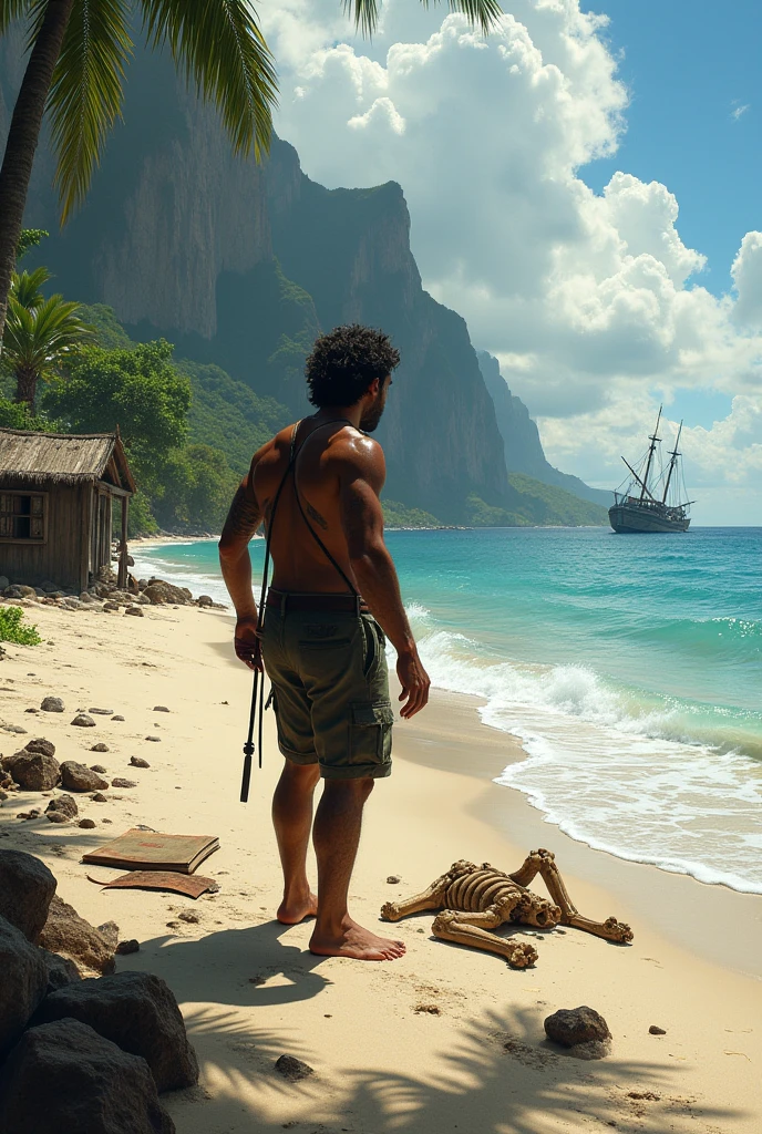 Man lying on the ground, with Indian arrows piercing the back, em uma ilha deserta, fallen man, homem cor de pele branca, ripped pants dress, camisa branca rasgadas, flechas perfurando as costas, arrows piercing the head, cor de pele branco, homem magro, mar, praia, flechas perfurando o corpo, flechas perfurando, flechas enfiandas