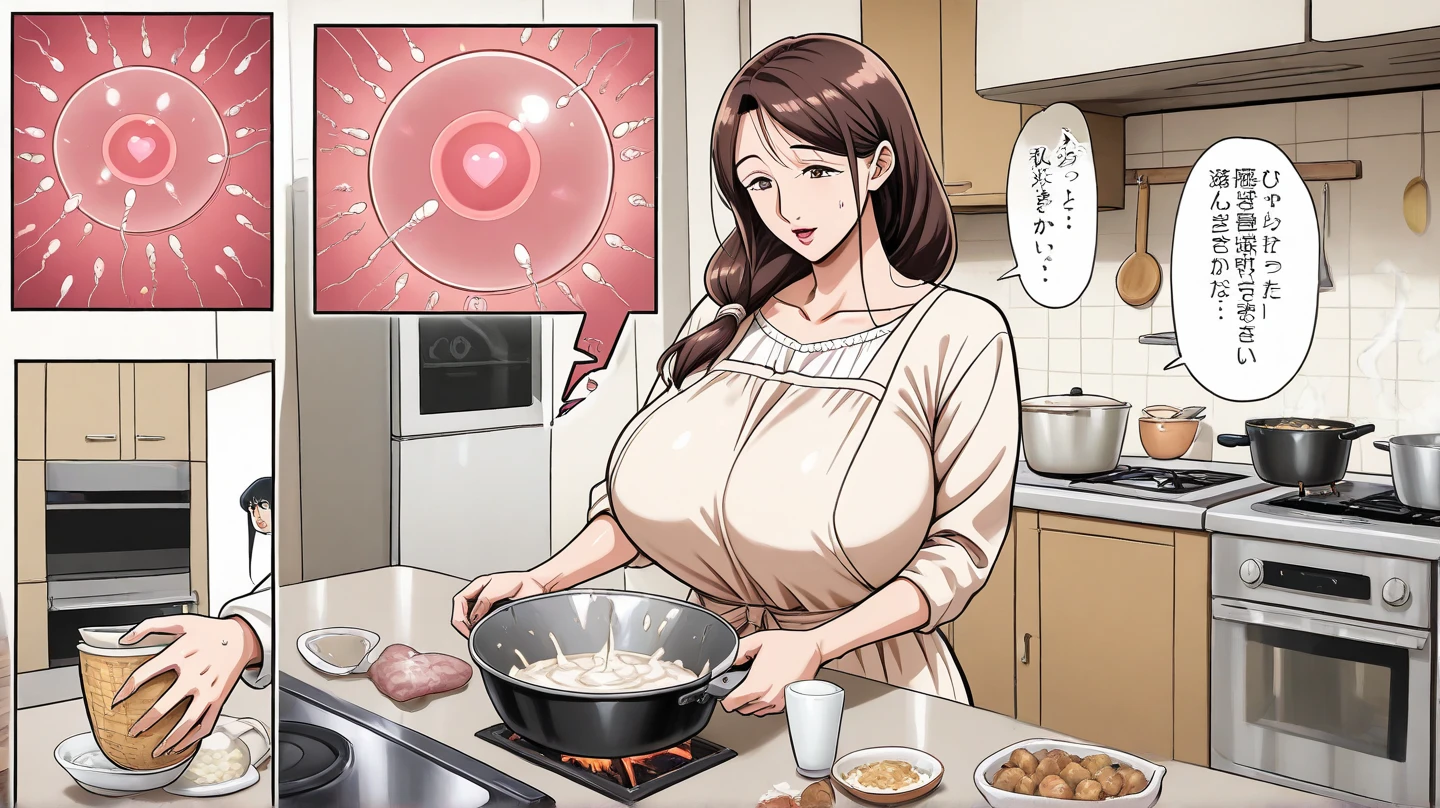 (Mature Woman:1.5), (mother:1.5), Ishtar, Fate Grand Order, (absurderes, 8K, 4K, masutepiece, hyper extreme detailed:1.2), Best Quality, Perfect Anatomy,Perfect face,Facing forward,High humidity, (alone:1.2), (Sweaty:1.3), shortness of breath, High humidity, humid, (Black Hair:1.1), Red eyes, Looking into the camera, (Very large breasts:1.5), Light clothing, apron, (kitchen;1.1), (Having a conversation:1.5), (Speech bubble:1.2), A kind smile, relief, peace of mind, mother性, Cooking, have a ladle, pot, pot-au-feu
