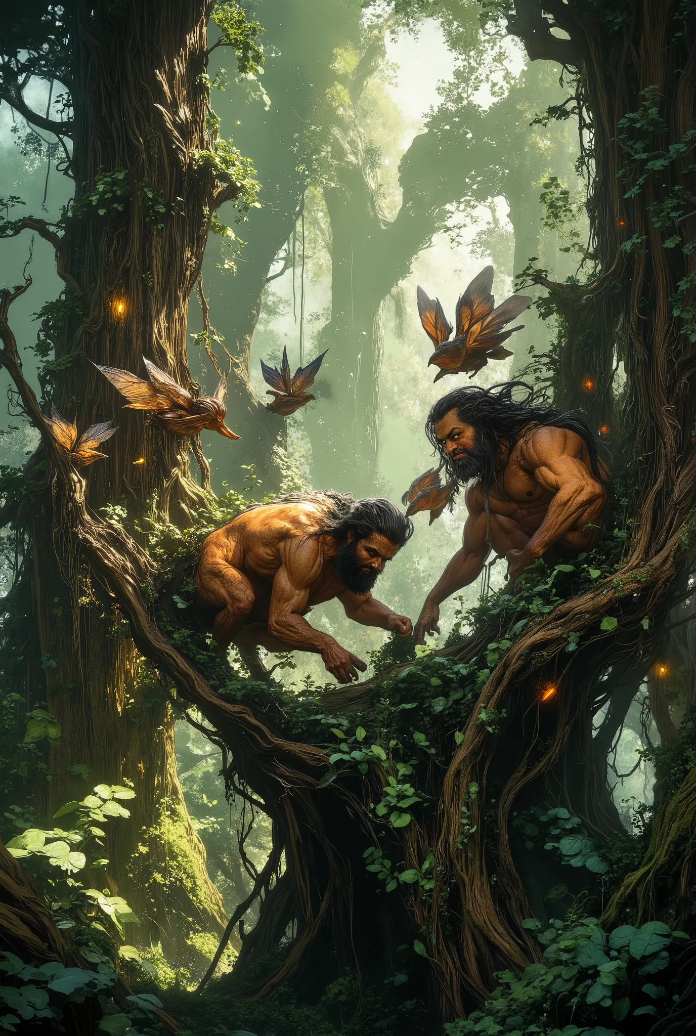 cute fairy forest with fairies, but all fairies are bearded muscular men